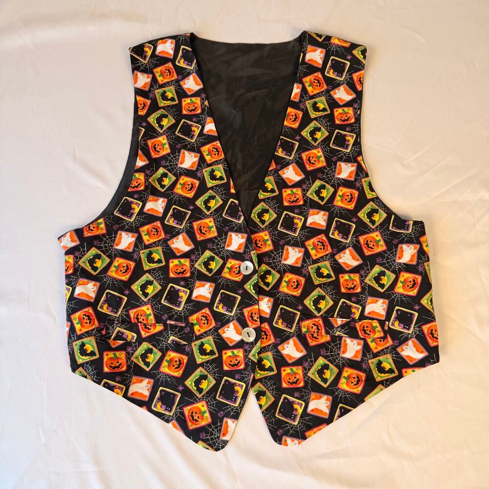 Handmade Halloween Pumpkin Ghost Cat Print Button Vest
